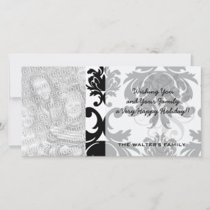 ornate formal black white damask holiday card