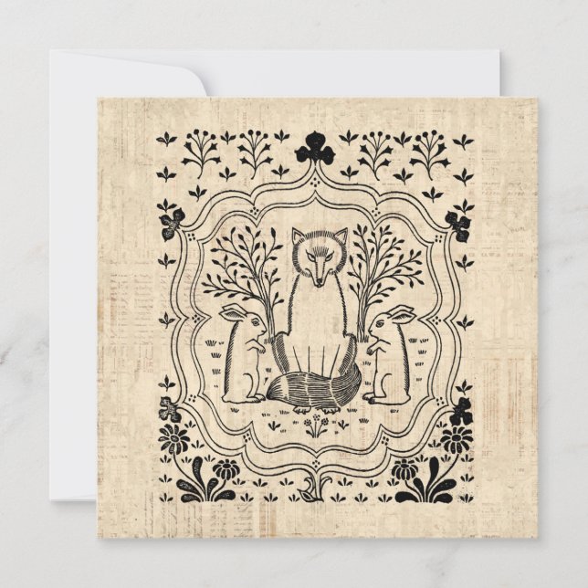 Ornate Fox and Bunny Rabbits Cute Animal Art Holiday Card (Front)