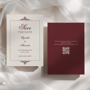 Ornate Frame Burgundy Old Money QR Code Wedding Save The Date