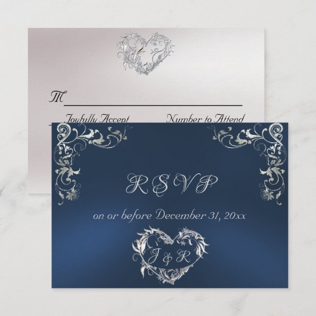 Ornate Frame & Heart - Blue/Silver RSVP Card (Front/Back)