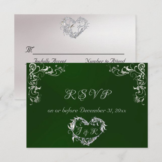 Ornate Frame & Heart - Emerald/Silver RSVP Card (Front/Back)