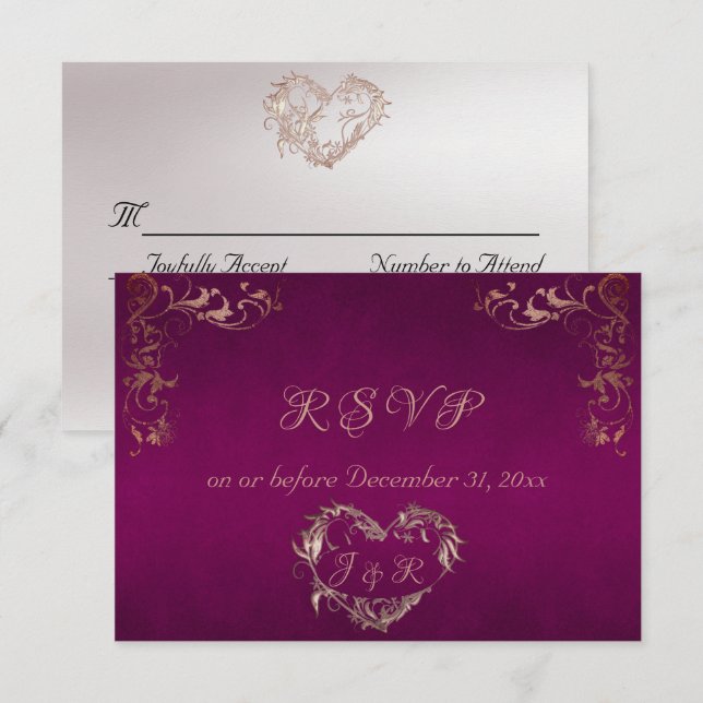 Ornate Frame & Heart - Purple/Rose Gold RSVP Card (Front/Back)