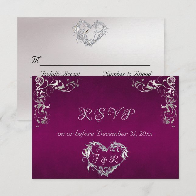 Ornate Frame & Heart - Purple/Silver RSVP Card (Front/Back)