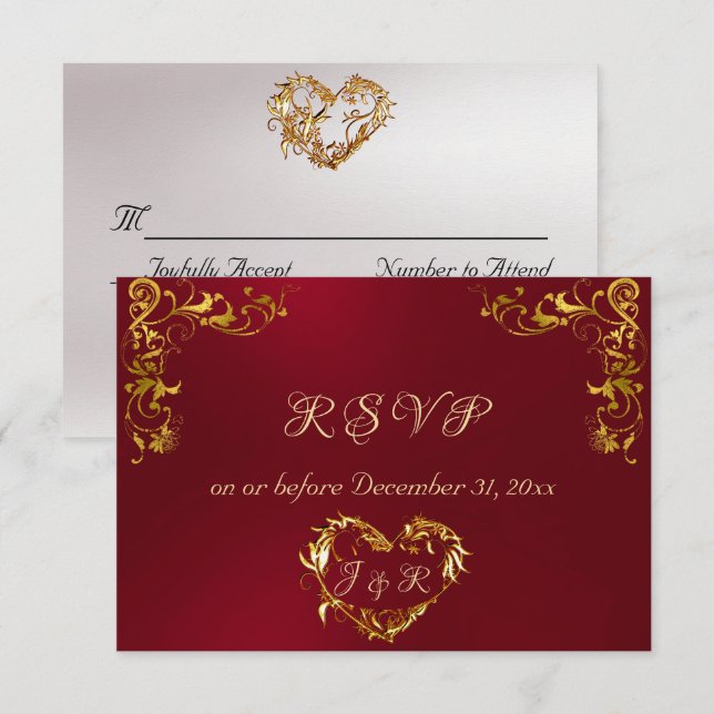 Ornate Frame & Heart - Red/Gold RSVP Card (Front/Back)