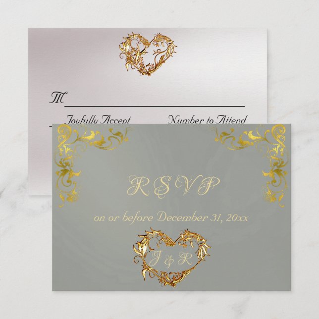 Ornate Frame & Heart - Sage/Gold RSVP Card (Front/Back)
