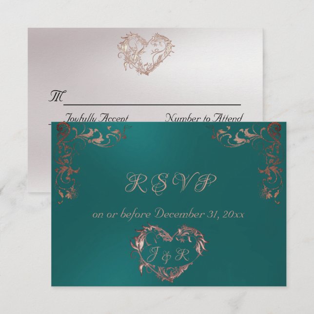 Ornate Frame & Heart - Teal/Rose Gold RSVP Card (Front/Back)
