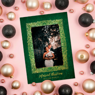 Ornate Frame Married Christmas Green Photo Foil Holiday Card