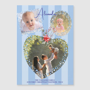 Ornate Frames 3 Photo 1st Christmas Blue Milestone Magnetic Invitation