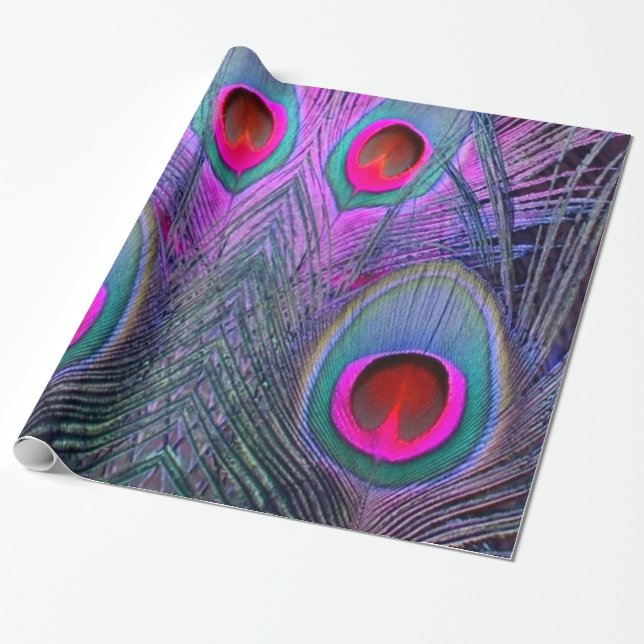 Ornate Fuchsia-Purple  Peacock Feathers GIFTS Wrapping Paper (Unrolled)