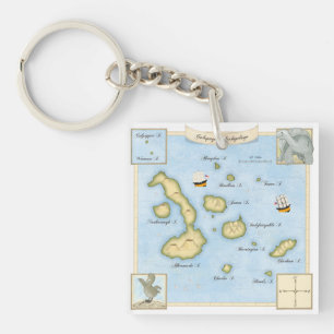 Ornate Galapagos Archipelago Map with Sailing Ship Key Ring