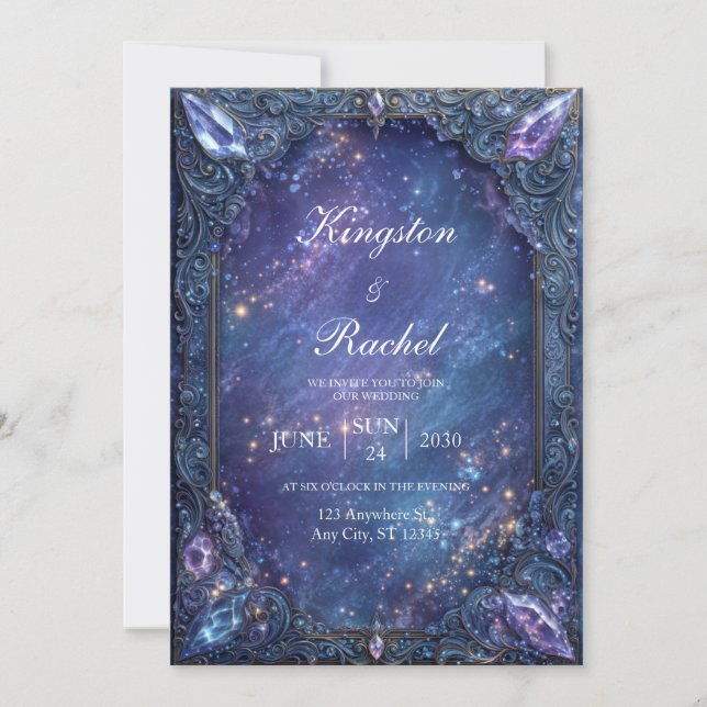 Ornate Gemstone Celestial Galaxy Wedding Invitation (Front)