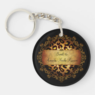 Ornate Girly Sweet 16 Leopard Print Key Chain