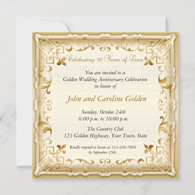 Ornate Gold 50th Anniversary Invitation (Front)