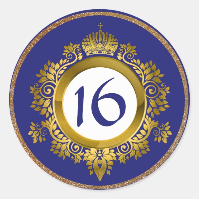Ornate Gold and Blue Sweet 16 Birthday Stickers (Front)