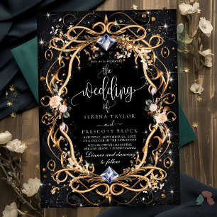 Ornate Gold and Diamonds Black Wedding Invitation
