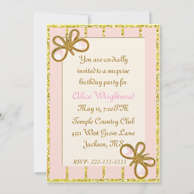 Ornate gold and pink Ladies Birthday Invitation (Front)