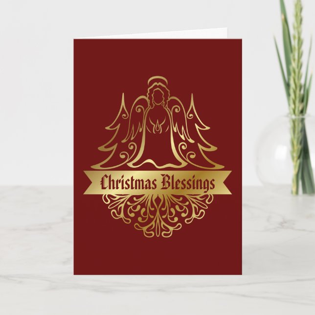 Ornate Gold Angel Christmas Blessings Red Holiday Card (Front)