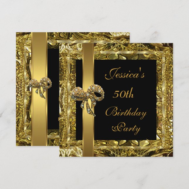 Ornate Gold Black 50th Birthday Elegant Invite (Front/Back)
