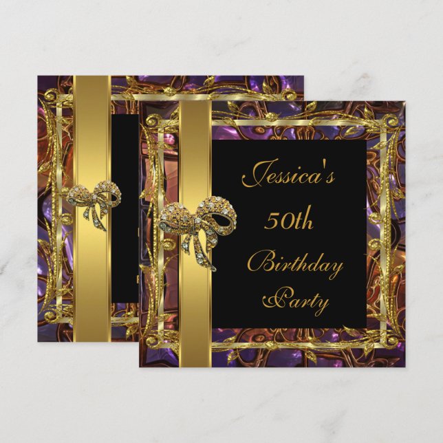 Ornate Gold Black 50th Birthday Elegant Invite 3 (Front/Back)