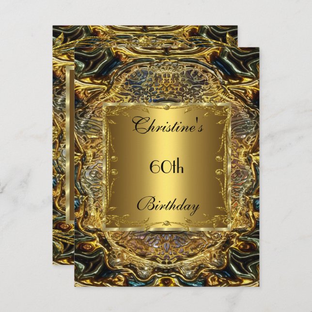 Ornate Gold Black 60th Birthday Elegant Invite 3 (Front/Back)