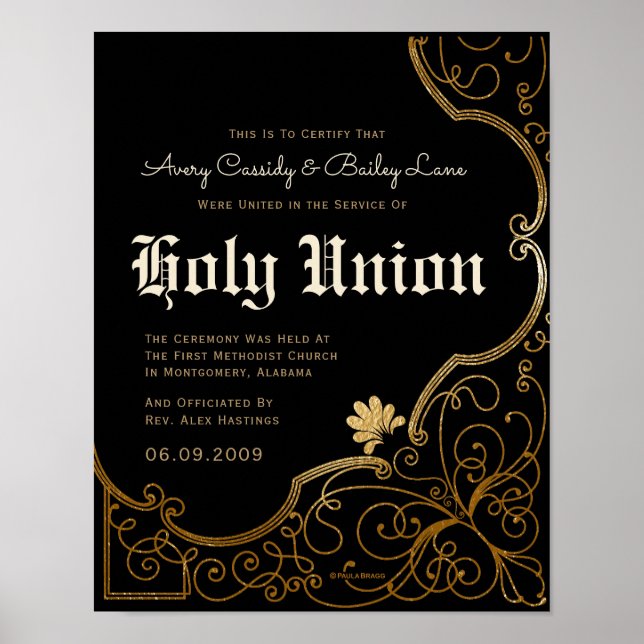 Ornate gold black Alternative Wedding Certificate Poster (Front)