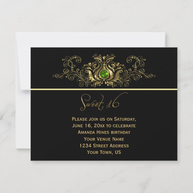 Ornate Gold Black Swirls Green Jewel Sweet 16 Invitation (Front)