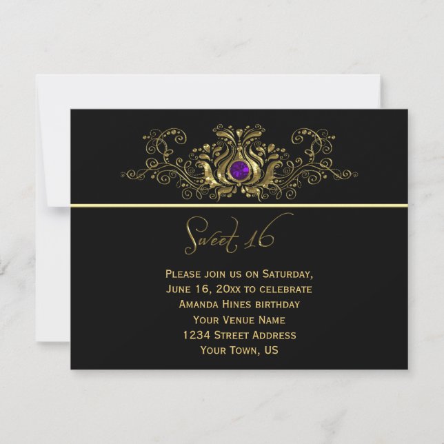 Ornate Gold Black Swirls Purple Jewel Sweet 16 Invitation (Front)