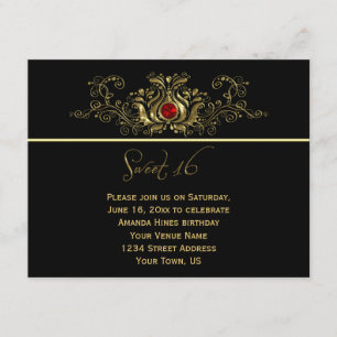 Ornate Gold Black Swirls Red Ruby Jewel Sweet 16 Invitation
