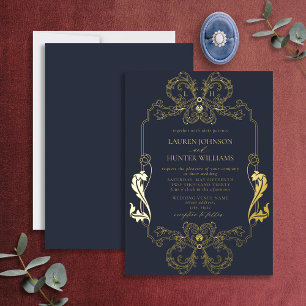 Ornate Gold Blue Floral Line Art Monogram Wedding