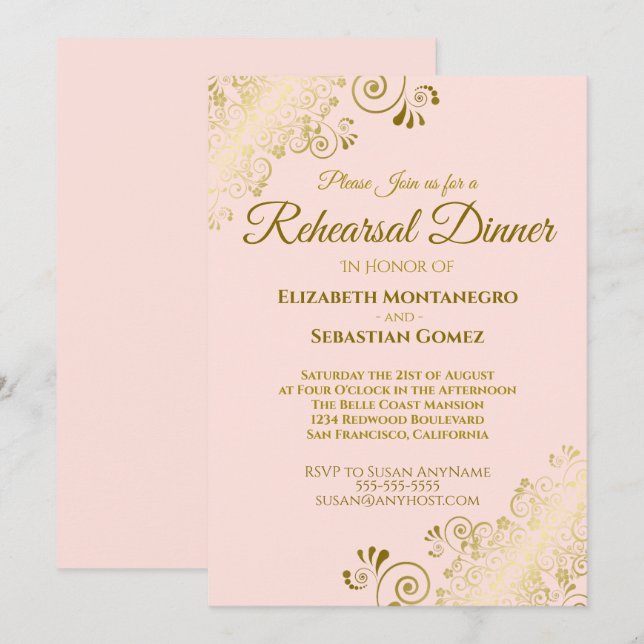 Ornate Gold & Blush Pink Wedding Rehearsal Dinner Invitation (Front/Back)