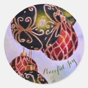 ORNATE GOLD CHRISTMAS ORNAMENTS PEACEFUL JOY CLASSIC ROUND STICKER