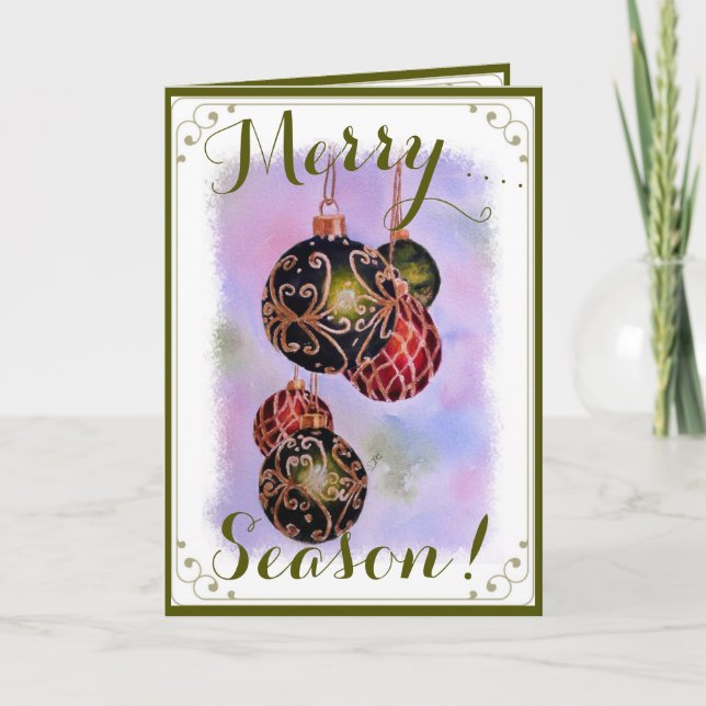 ORNATE GOLD CHRISTMAS ORNAMENTS SEASONS GREETING HOLIDAY CARD (Front)