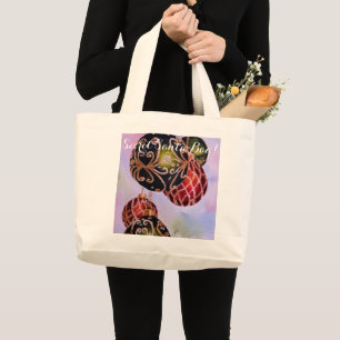 ORNATE GOLD CHRISTMAS ORNAMENTS SECRET SANTA LARGE TOTE BAG