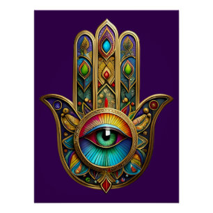 Ornate Gold Colorful Hamsa Green on Red Third Eye Poster