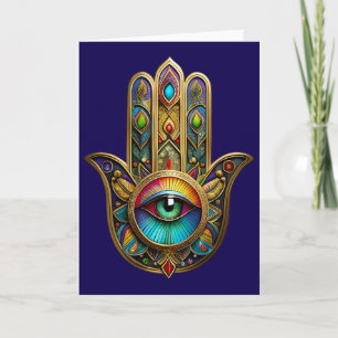 Ornate Gold Colourful Hamsa Green on Red Third Eye Card
