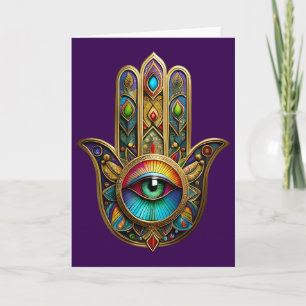 Ornate Gold Colourful Hamsa Green on Red Third Eye Card