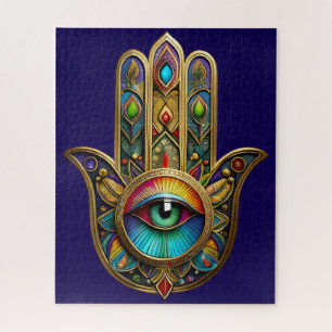 Ornate Gold Colourful Hamsa Green on Red Third Eye Jigsaw Puzzle