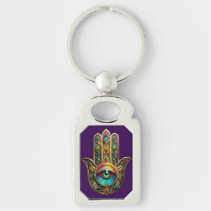 Ornate Gold Colourful Hamsa Green on Red Third Eye Key Ring