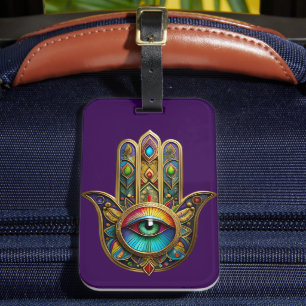 Ornate Gold Colourful Hamsa Green on Red Third Eye Luggage Tag