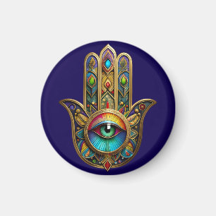 Ornate Gold Colourful Hamsa Green on Red Third Eye Magnet