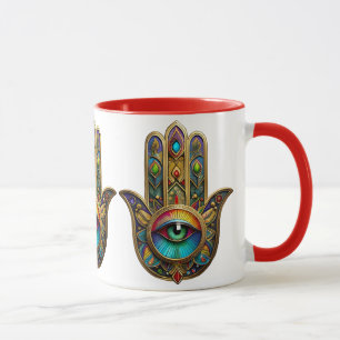 Ornate Gold Colourful Hamsa Green on Red Third Eye Mug