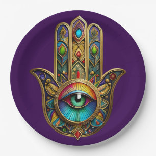 Ornate Gold Colourful Hamsa Green on Red Third Eye Paper Plate