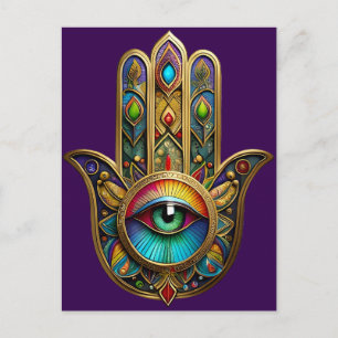 Ornate Gold Colourful Hamsa Green on Red Third Eye Postcard