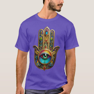 Ornate Gold Colourful Hamsa Green on Red Third Eye T-Shirt