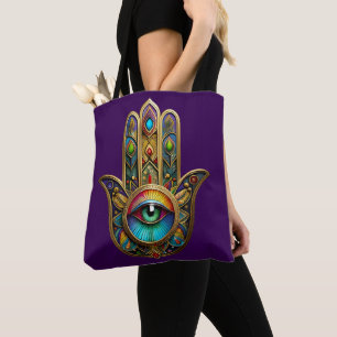 Ornate Gold Colourful Hamsa Green on Red Third Eye Tote Bag