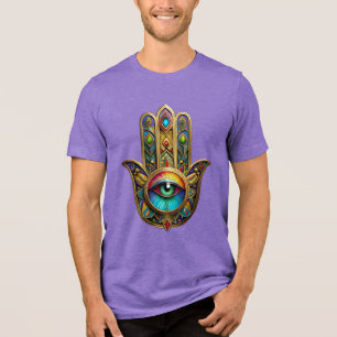 Ornate Gold Colourful Hamsa Green on Red Third Eye Tri-Blend Shirt