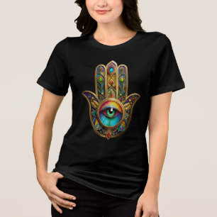 Ornate Gold Colourful Hamsa Green on Red Third Eye Tri-Blend Shirt