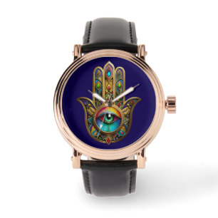 Ornate Gold Colourful Hamsa Green on Red Third Eye Watch