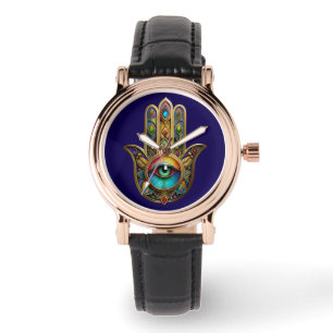 Ornate Gold Colourful Hamsa Green on Red Third Eye Watch