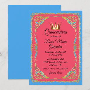 Ornate Gold Colourful with Crown Quinceanera Invitation